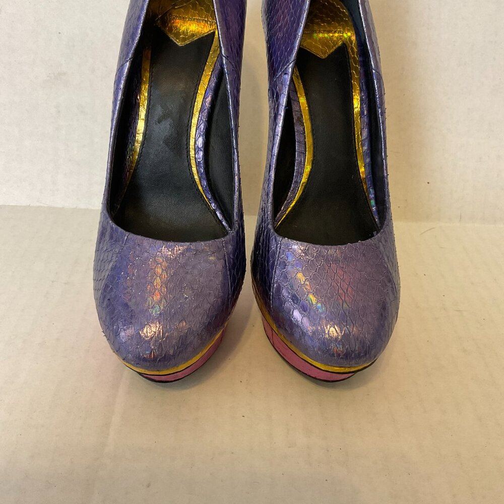 Brian Atwood Platform Stiletto Heels 6.5 Purple Gold Magenta Snakeskin Print - Picture 3 of 9